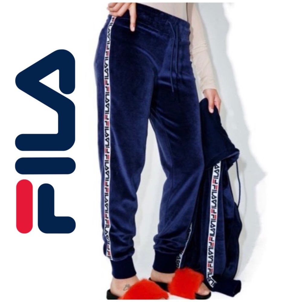 Fila Women's Navy Velour Track Pants with Side Logo Tape